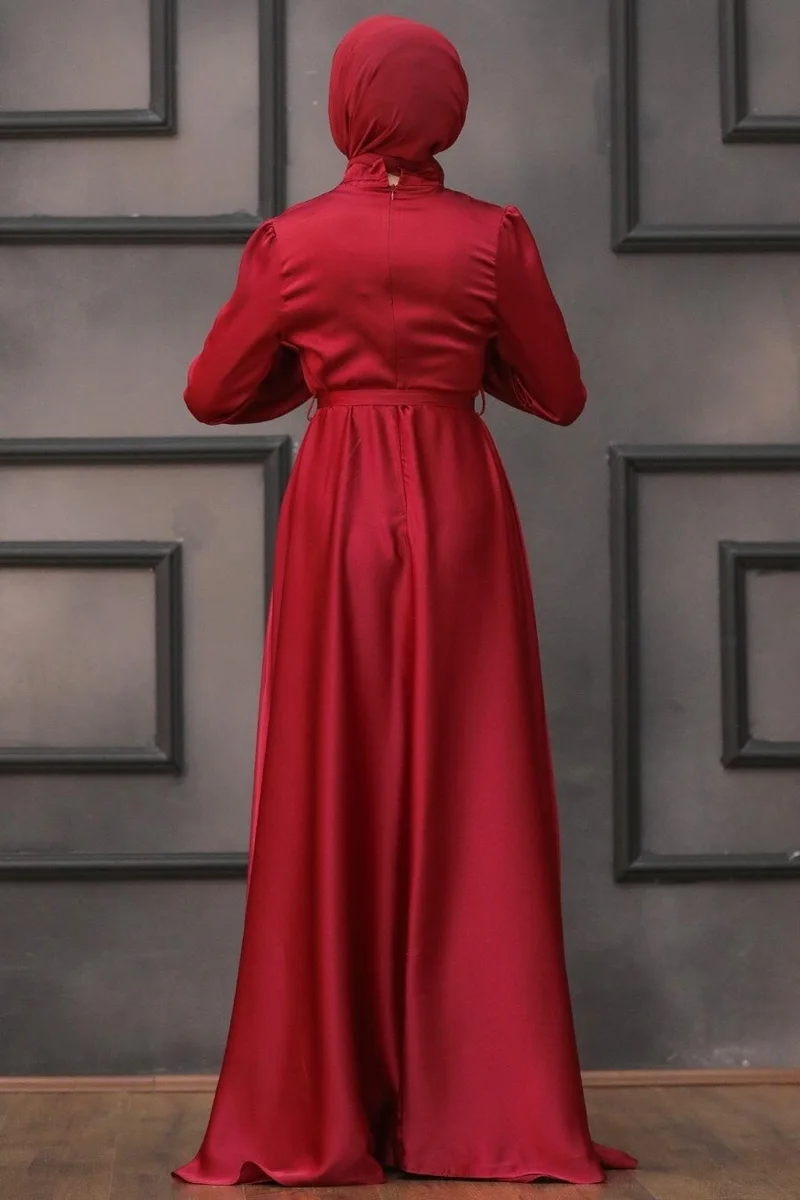 نيفا ستايل Hijab Evening Dress - Balloon Sleeve Claret Red Hijab Evening Dress 25130BR