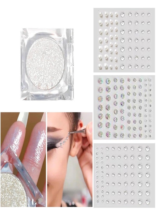 DANNEASY Silver Glitter Eyeshadow Palette and 189pcs Self Adhesive Rhinestones Gem & Pearls, Shimmer Single Eye Shadow Powder Stick on Gems Rhinestones Jewels Stickers for Face Makeup Nail Hair - Image 1