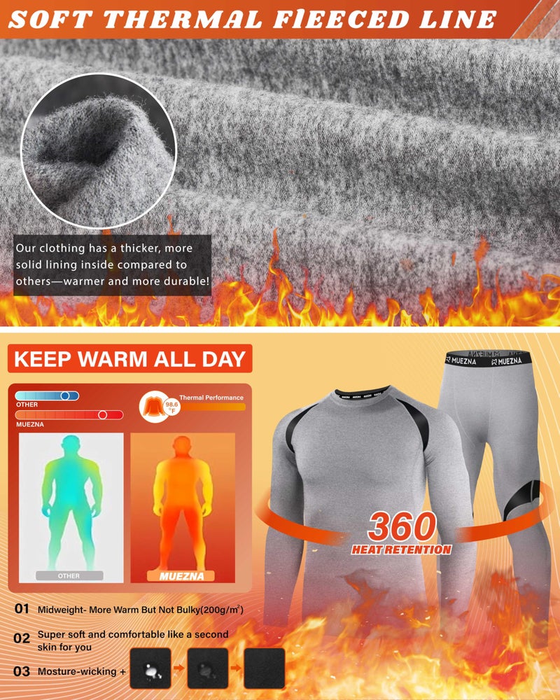 Muezna Men's Thermal Top and Bottom Set Underwear Long Johns Base Layer with Soft Fleece Lined Grey - Image 2