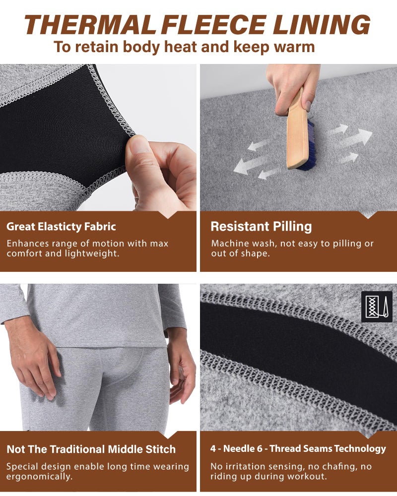 Muezna Men's Thermal Top and Bottom Set Underwear Long Johns Base Layer with Soft Fleece Lined Grey - Image 3