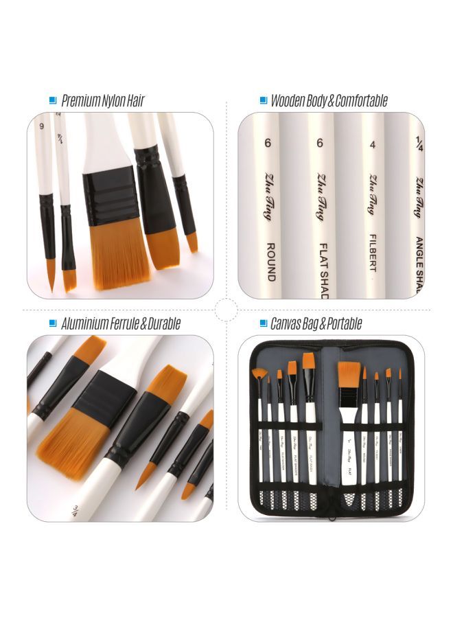 Loquat 10-Piece Paint Brushes With Carry Bag White/Black/Grey - Image 4