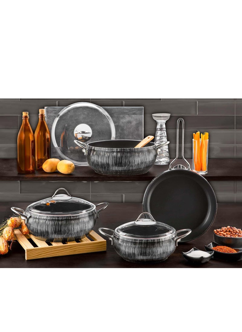 evimsaray Evimsaray Alize Marble Non StickCookware Set , 7pcs set Pots and Pans Set  - Image 1