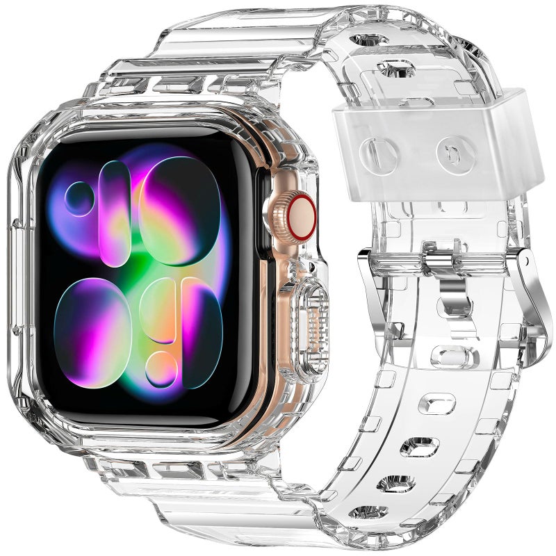 XYF Compatible for Crystal Clear Apple Watch Bands, 46mm Series 11 10 Bumper Case for Men Women Jelly Sport Cover Strap for iWatch Ultra 3 2 Series 11 10 9 8 7 SE 6 5 4 3 (CrystalClear, 46) - Image 1