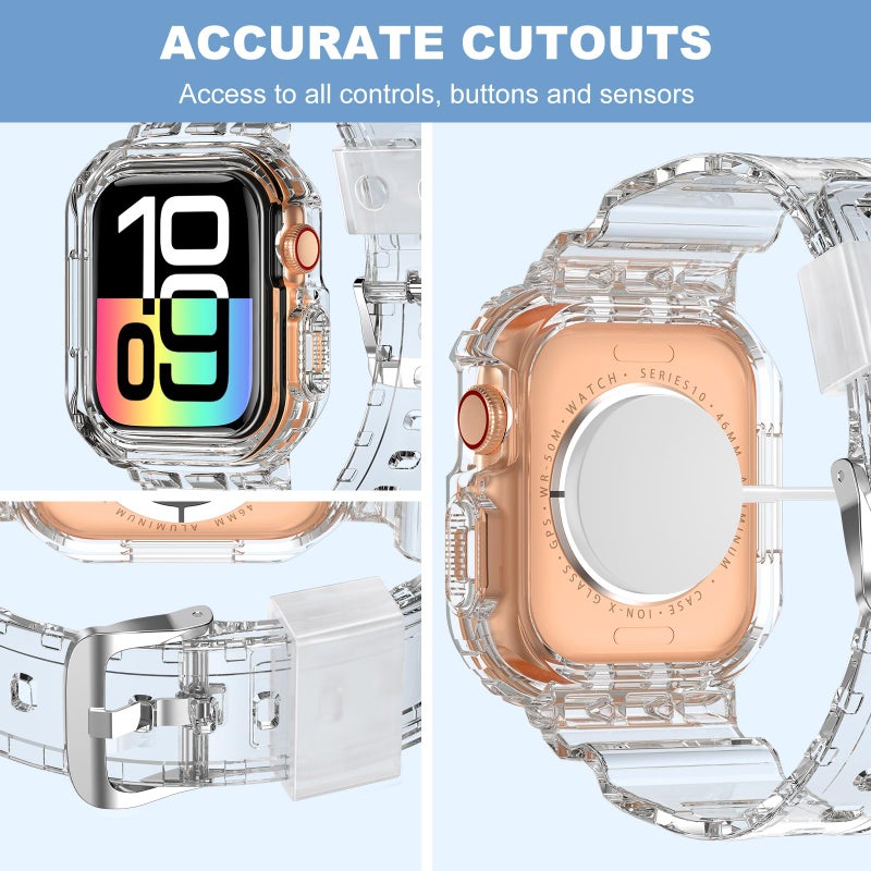XYF Compatible for Crystal Clear Apple Watch Bands, 46mm Series 11 10 Bumper Case for Men Women Jelly Sport Cover Strap for iWatch Ultra 3 2 Series 11 10 9 8 7 SE 6 5 4 3 (CrystalClear, 46) - Image 4
