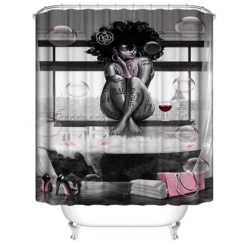 DDS-DUDES 4Pcs African American Black Girl Waterproof Shower Curtain Sets for Bathroom with Non Slip Rugs, Toilet Cover and Bath Mat, 12 Plastic Hooks (Girl-Sit) - Image 2