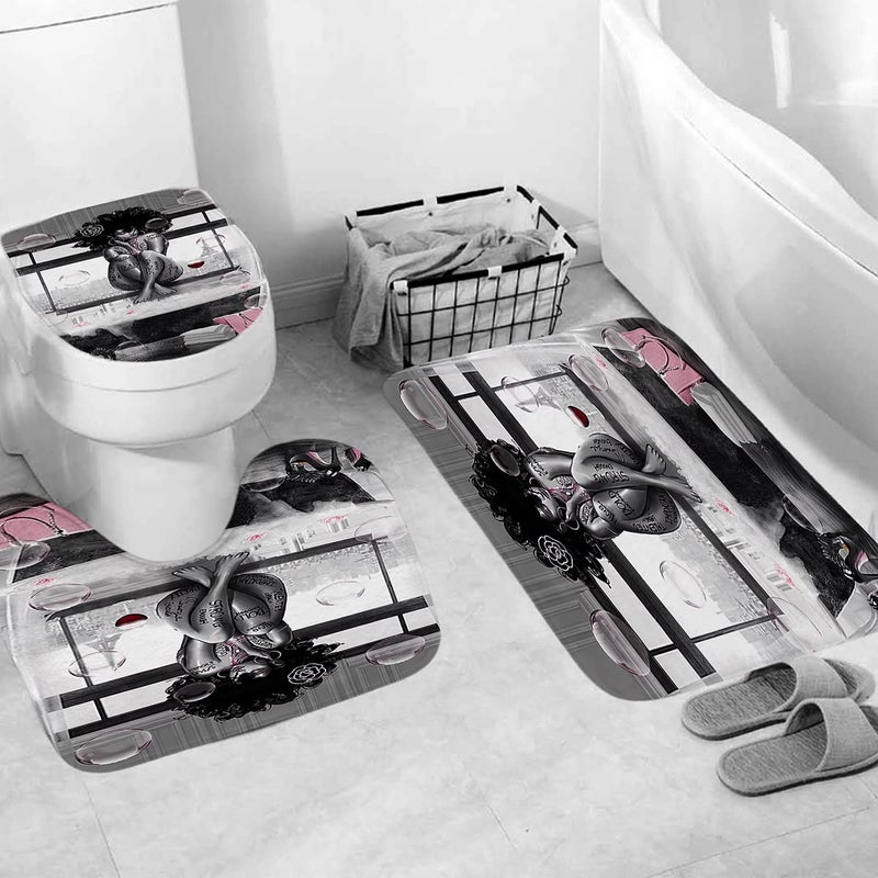 DDS-DUDES 4Pcs African American Black Girl Waterproof Shower Curtain Sets for Bathroom with Non Slip Rugs, Toilet Cover and Bath Mat, 12 Plastic Hooks (Girl-Sit) - Image 4