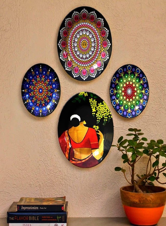 JIKRAA® Indian Traditional Art Ceramic Decorative Designer Wall and Table Top Plate/Platter with Stand and Hook - Combo Design 9 (Set of 4 Plates; 2 X 10 Inch, 2 X 8 Inch) - Image 1