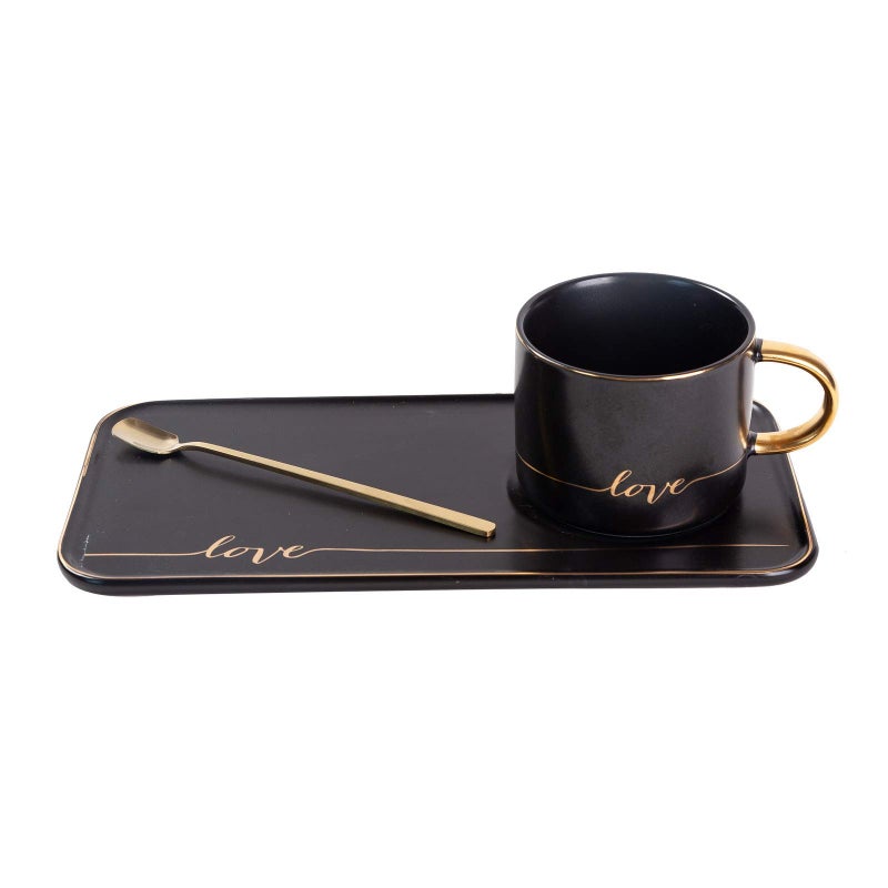 TJ Gobal Porcelain Coffee Mug Tea Cup with Saucer and Golden Spoon with Gold Scripted Love and Trim for Coffee Hot Chocolate Cappuccino and Latte 8 Oz Black