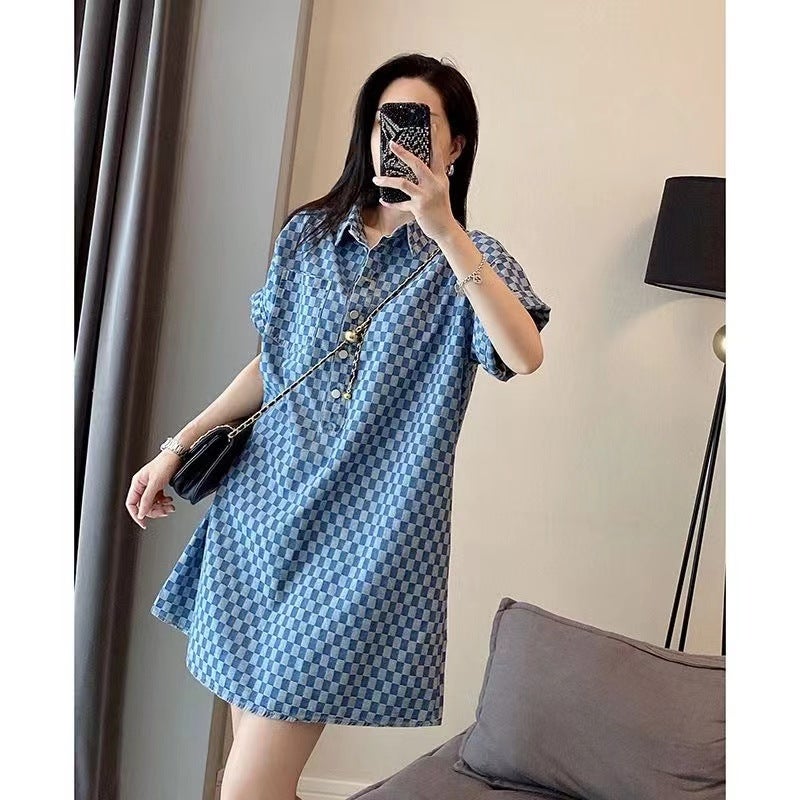 200Kg Plus Size Chubby Girl Denim Blue Dress Women'S Summer Loose Meat Covering Long Loose Short Sleeve T-Shirt Skirt - Image 3