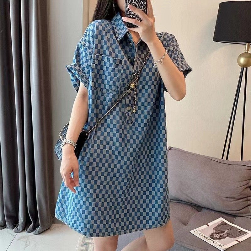 200Kg Plus Size Chubby Girl Denim Blue Dress Women'S Summer Loose Meat Covering Long Loose Short Sleeve T-Shirt Skirt - Image 1