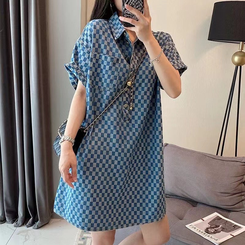 200Kg Plus Size Chubby Girl Denim Blue Dress Women'S Summer Loose Meat Covering Long Loose Short Sleeve T-Shirt Skirt - Image 2