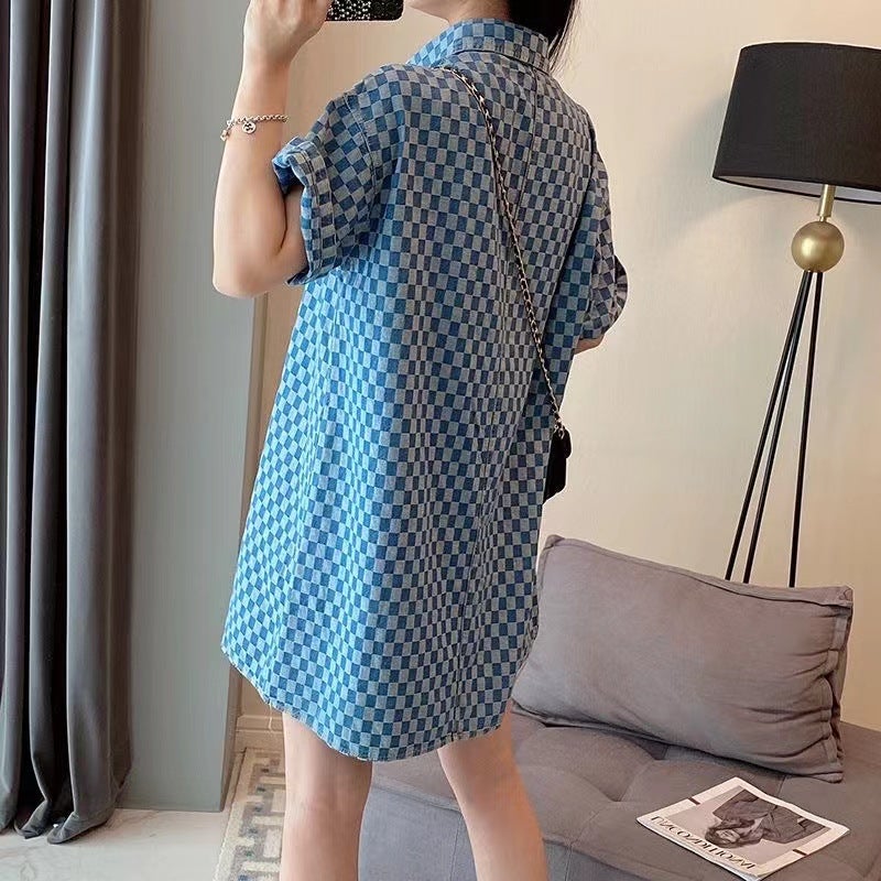 200Kg Plus Size Chubby Girl Denim Blue Dress Women'S Summer Loose Meat Covering Long Loose Short Sleeve T-Shirt Skirt - Image 5