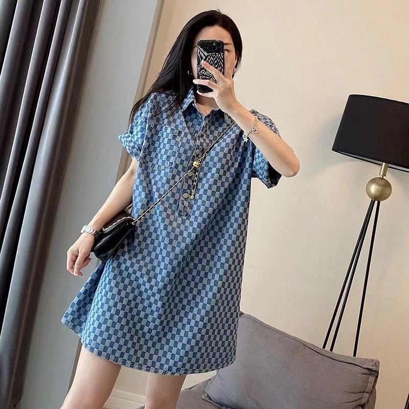 200Kg Plus Size Chubby Girl Denim Blue Dress Women'S Summer Loose Meat Covering Long Loose Short Sleeve T-Shirt Skirt - Image 4