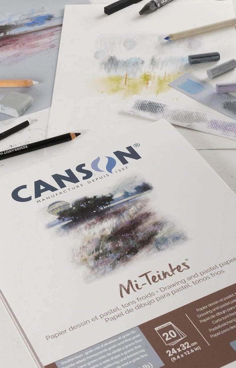 CANSON ورق رسم ملون مي-تينتس 160 جرام 24x32 سم، مزدوج الجوانب: خلية نحل وحبيبات ناعمة، دفتر ملصق من الجانب القصير، 4 درجات باردة، 20 ورقة، للفنانين المحترفين والرسامين - Image 3