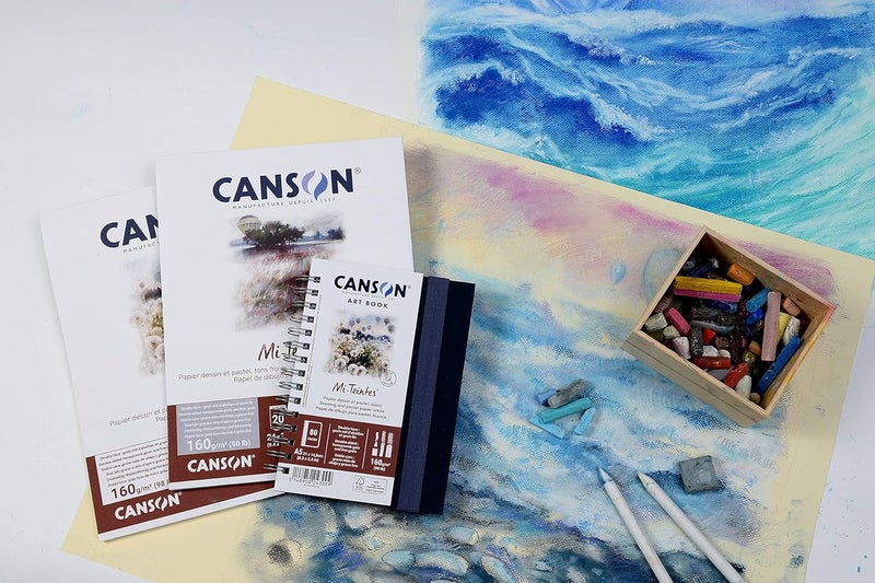 CANSON ورق رسم ملون مي-تينتس 160 جرام 24x32 سم، مزدوج الجوانب: خلية نحل وحبيبات ناعمة، دفتر ملصق من الجانب القصير، 4 درجات باردة، 20 ورقة، للفنانين المحترفين والرسامين - Image 2