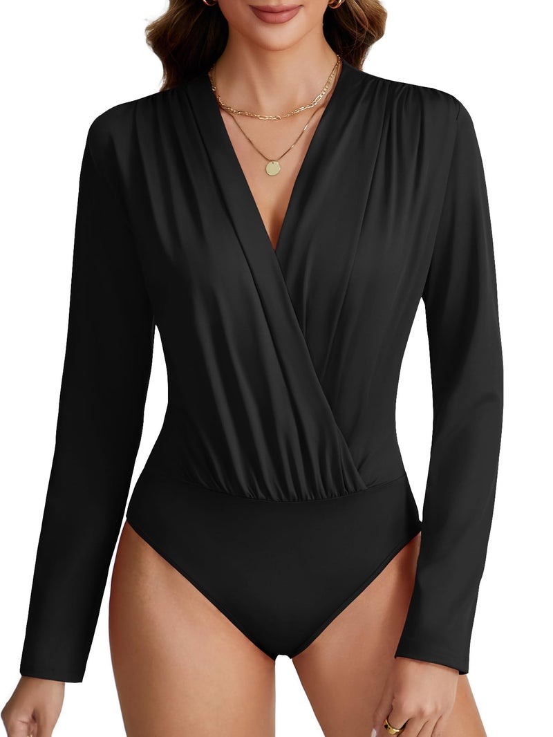 LYANER Women's Wraped V Neck Ruched Long Sleeve Leotard Bodysuit Top Black# Medium - Image 4