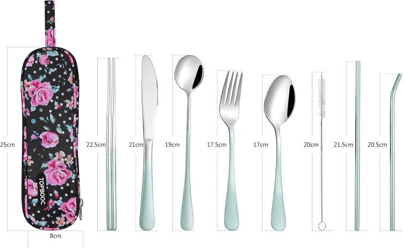Topbooc Travel Utensils,Reusable Silverware Set To Go Portable Cutlery Set with a Waterproof Carrying Case for Lunch Boxes Workplace Camping Picnic (GraGreen) - Image 2