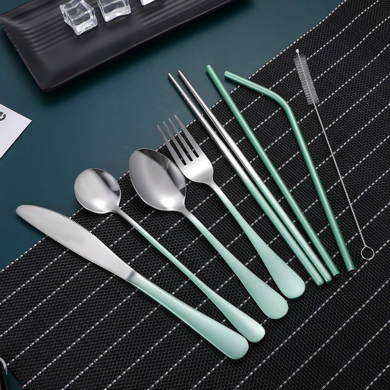 Topbooc Travel Utensils,Reusable Silverware Set To Go Portable Cutlery Set with a Waterproof Carrying Case for Lunch Boxes Workplace Camping Picnic (GraGreen) - Image 4