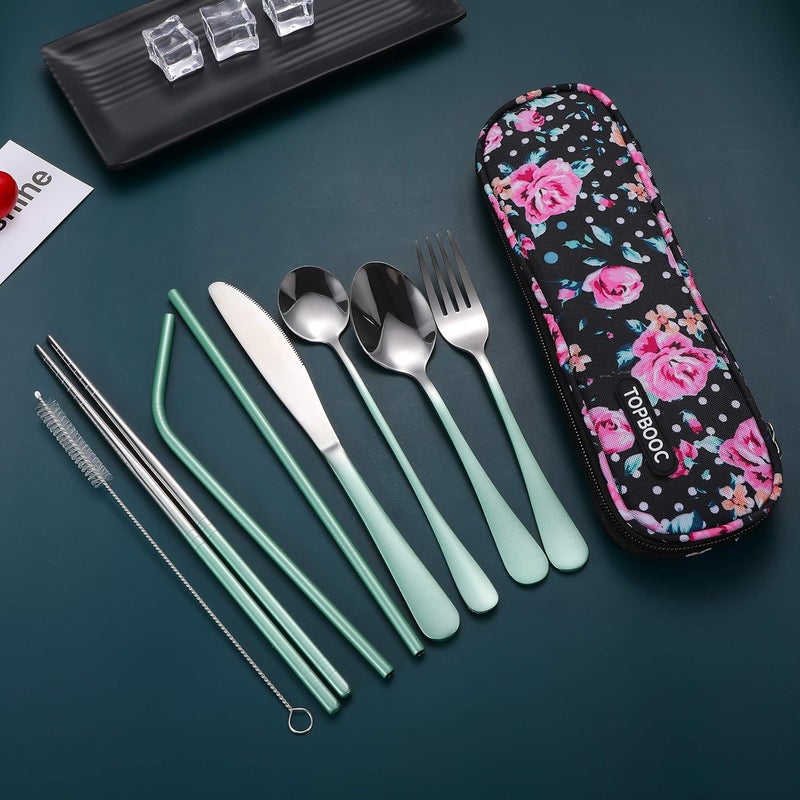 Topbooc Travel Utensils,Reusable Silverware Set To Go Portable Cutlery Set with a Waterproof Carrying Case for Lunch Boxes Workplace Camping Picnic (GraGreen) - Image 3