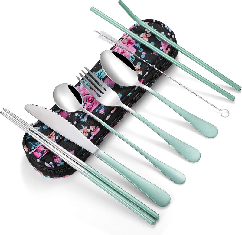 Topbooc Travel Utensils,Reusable Silverware Set To Go Portable Cutlery Set with a Waterproof Carrying Case for Lunch Boxes Workplace Camping Picnic (GraGreen) - Image 1