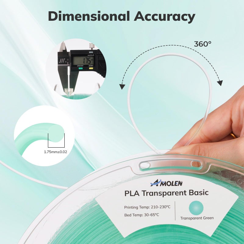 AMOLEN 3D Printer Filament Crystal PLA Transparent 1.75mm, Crystal Green Clear Printing, Low Warping & No-Bubbles, Dimensional Accuracy +/- 0.02 mm, Fits Most FDM 3D Printers, 1kg Spool(2.2lbs) - Image 2