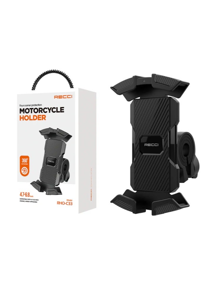 ريتشي حامل هاتف للدراجات النارية والدراجات الهوائية RECCI RHO-C33، دوران 360 درجة، تثبيت على المقود، مضاد للاهتزاز والخدوش، متوافق مع الهواتف الذكية من 4.7 حتى 6.8 بوصة، تركيب سهل بيد واحدة، نظام قفل مزدوج آمن، مصنوع من ABS وبولي كربونات متين مع سيليكون واقٍ، مثالي للدراجات النارية والسكوترات والدراجات الكهربائية، ثبات عالي على الطرق الوعرة - Image 1