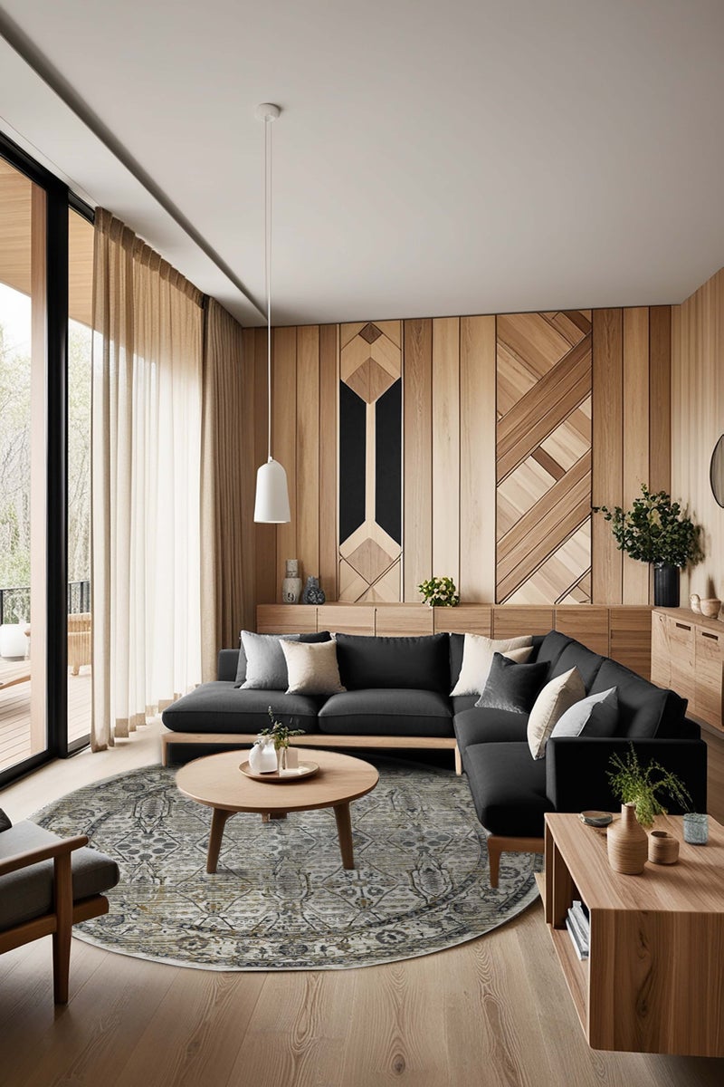 Alkaffary Carpet Lunar Round Rug - with a Modern Pattern & Timeless Elegance, Circular Rug for Living Room, Soft & Durable Everyday Use Mat, Easy-to-Clean, Size 1.60x1.60 , Color Cream Grey - Image 1