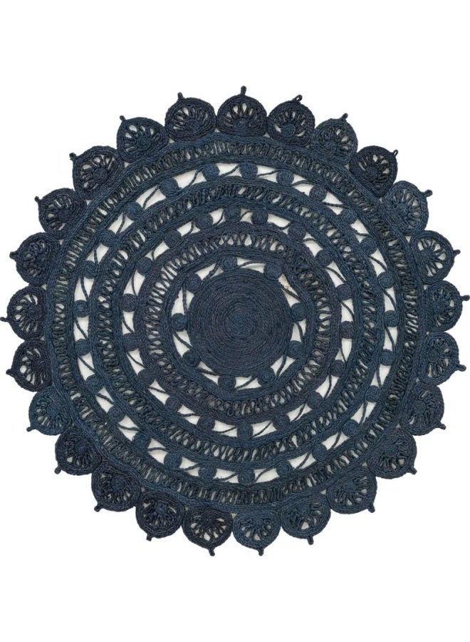 HANDPICKED FURNITURE Jute Wool And Cotton Blue Round Carpet Ultra Soft Area Carpets For Bed Room Living Room And Dining Room Anti-Slip Floor Carpets Easy To Clean Made In Turkey 120X120Cm - Image 1