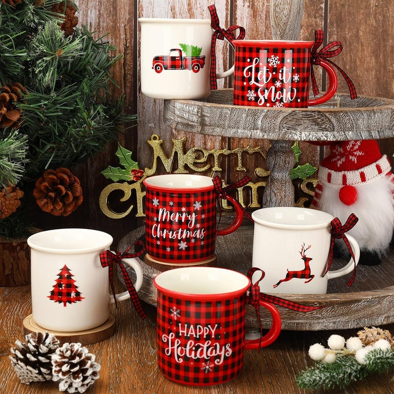 Whaline أكواب قهوة صغيرة بمناسبة عيد الميلاد من واهلين 6 قطع مع شريط مزخرف بتصميم شاحنة ريندير وشجرة عيد الميلاد لتزيين الطاولة هدايا عيد الميلاد - Image 4