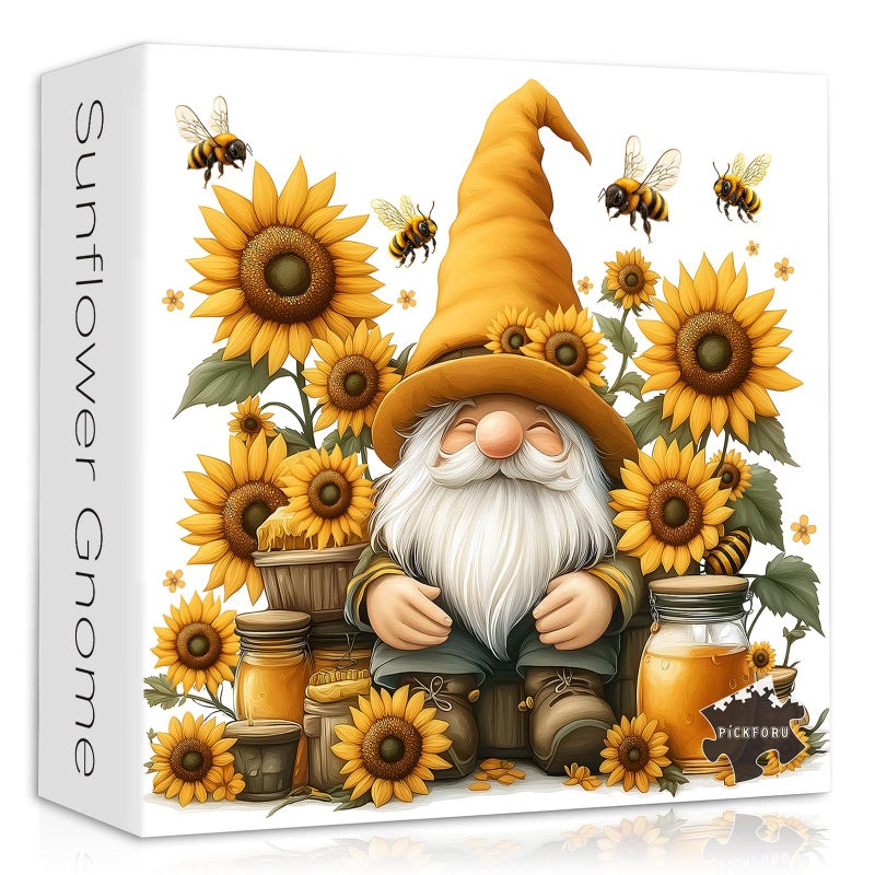 PICKFORU Sunflower Gnome Puzzle for Adults 1000 Pieces, Funny Garden Gnomes Honey Bee Jigsaw Puzzle, Floral Nature Themed Challenge for Adults Art - Image 1