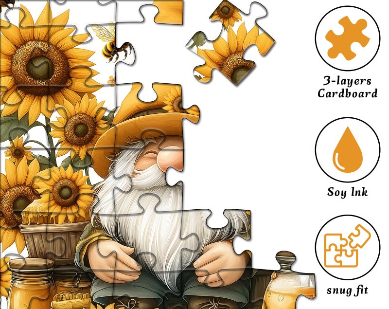 PICKFORU Sunflower Gnome Puzzle for Adults 1000 Pieces, Funny Garden Gnomes Honey Bee Jigsaw Puzzle, Floral Nature Themed Challenge for Adults Art - Image 4