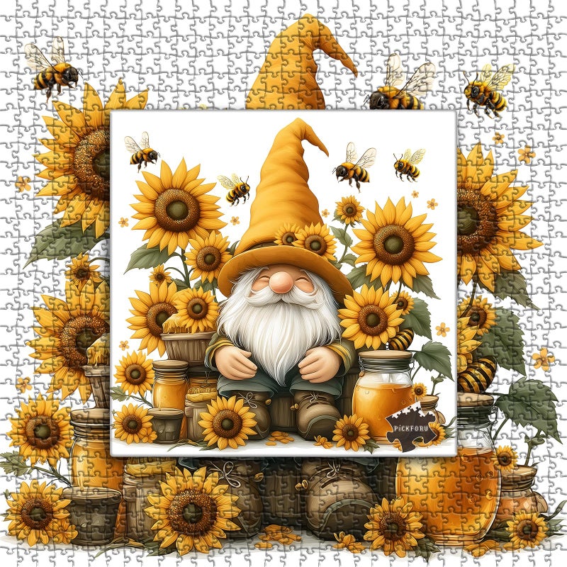 PICKFORU Sunflower Gnome Puzzle for Adults 1000 Pieces, Funny Garden Gnomes Honey Bee Jigsaw Puzzle, Floral Nature Themed Challenge for Adults Art - Image 2