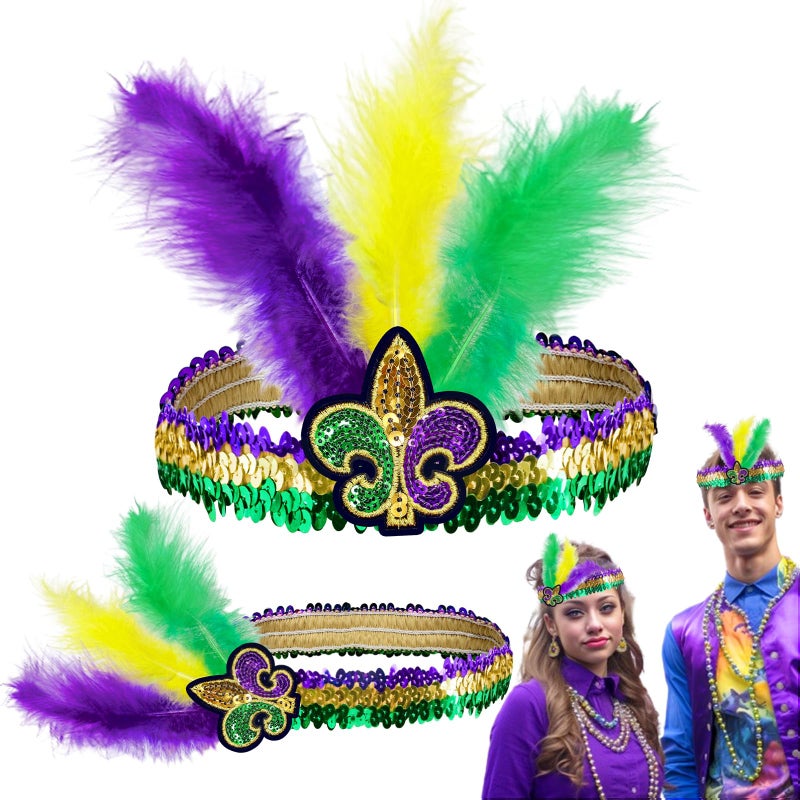 Camlinbo 2 PCS Mardi Gras Feathers Headbands Purple Gold Green Adjustable, Sequin Headband for New Orleans Masquerade Mask Party Mardi Gras Accessories - Image 1