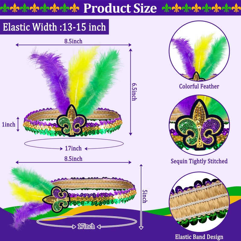 Camlinbo 2 PCS Mardi Gras Feathers Headbands Purple Gold Green Adjustable, Sequin Headband for New Orleans Masquerade Mask Party Mardi Gras Accessories - Image 2