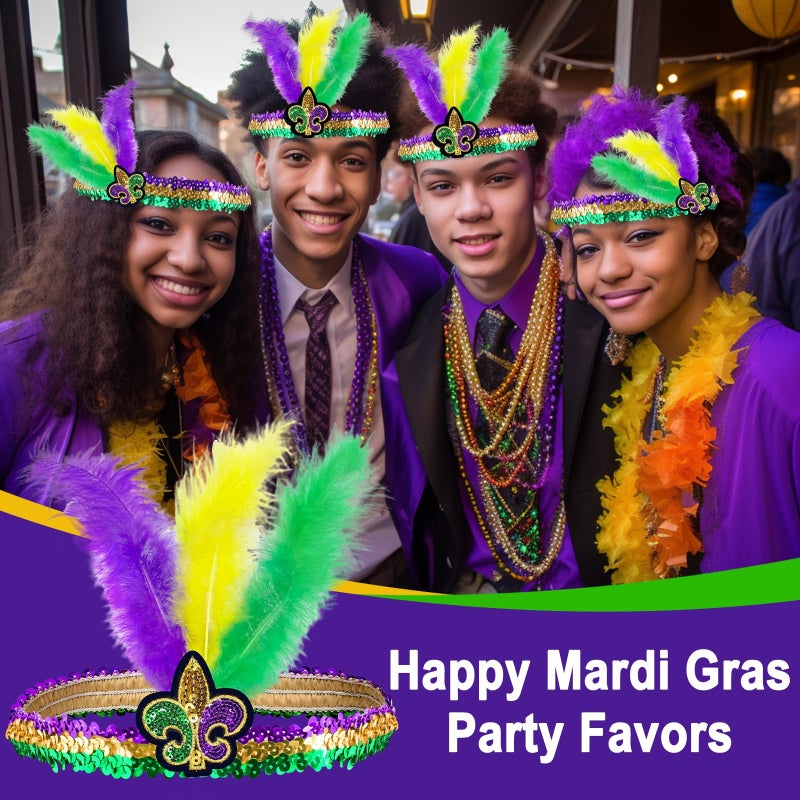 Camlinbo 2 PCS Mardi Gras Feathers Headbands Purple Gold Green Adjustable, Sequin Headband for New Orleans Masquerade Mask Party Mardi Gras Accessories - Image 5