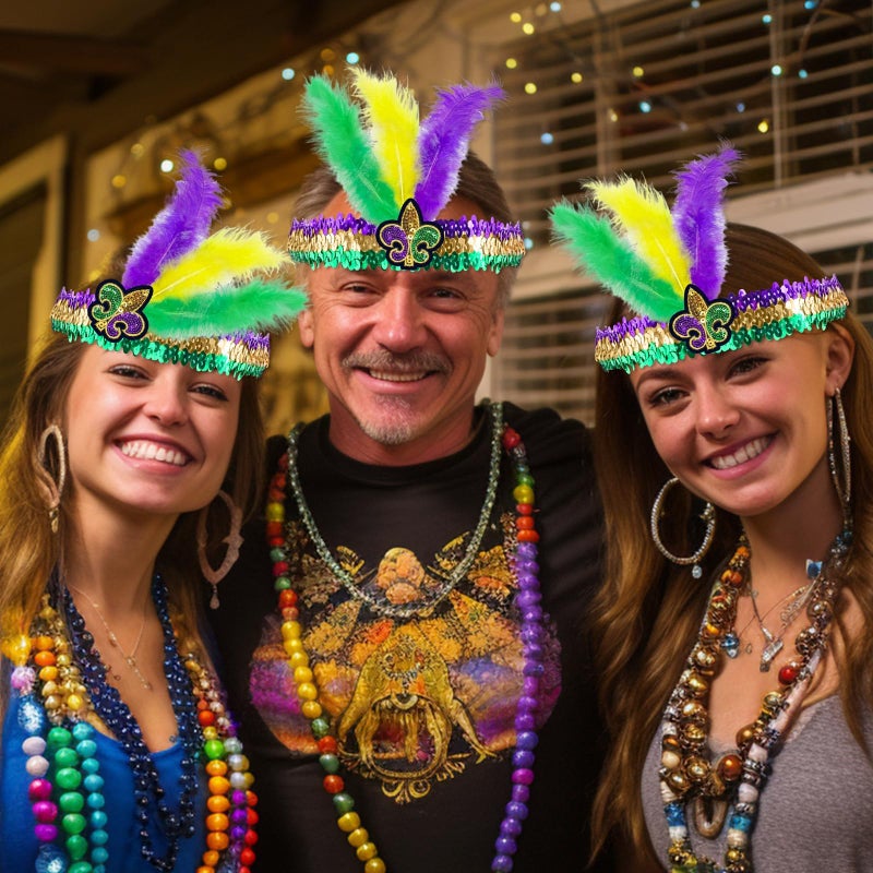 Camlinbo 2 PCS Mardi Gras Feathers Headbands Purple Gold Green Adjustable, Sequin Headband for New Orleans Masquerade Mask Party Mardi Gras Accessories - Image 3