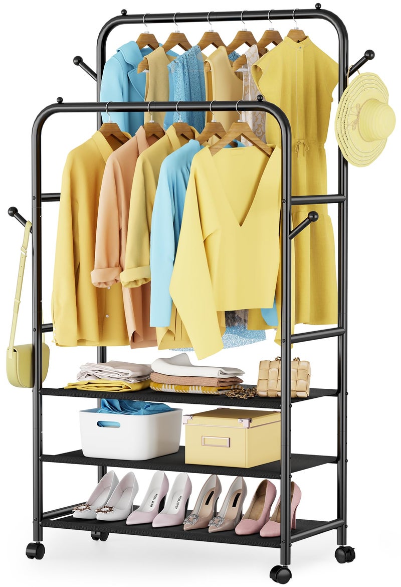 Furologee Clothes Racks for Hanging Clothes, Double Rods Clothing Rack with 3-Tier Storage Shelves, Rolling Garment Wardrobe with Wheels, Portable Free Standing Closet for Bedroom, Laundry Room, Black - Image 1