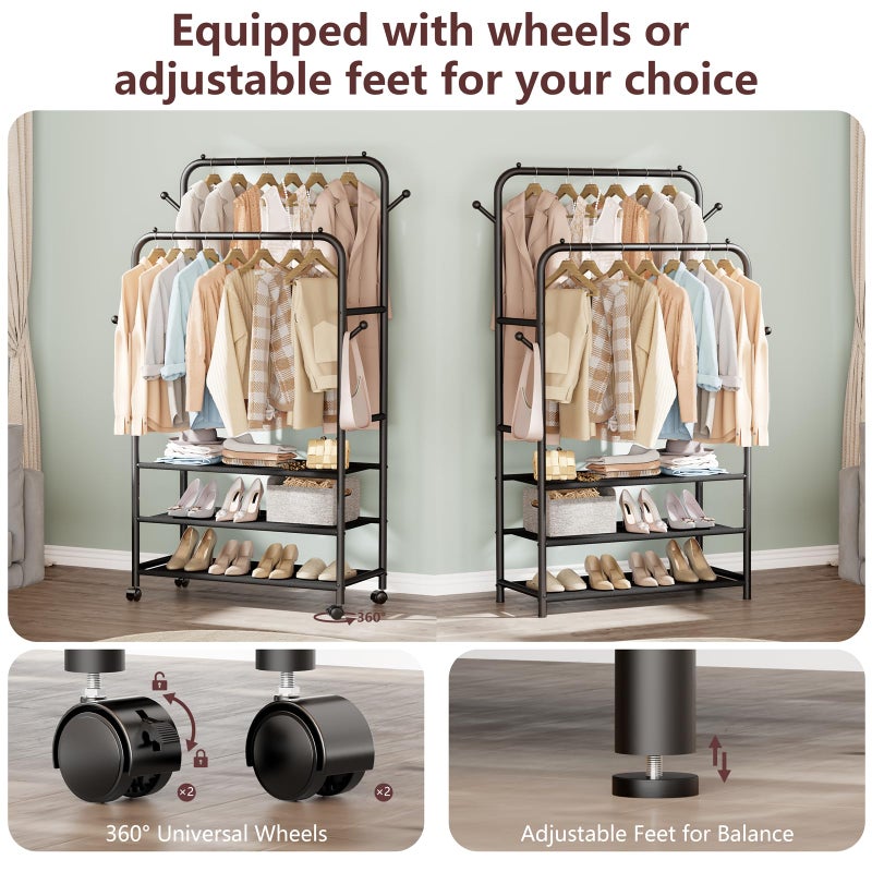 Furologee Clothes Racks for Hanging Clothes, Double Rods Clothing Rack with 3-Tier Storage Shelves, Rolling Garment Wardrobe with Wheels, Portable Free Standing Closet for Bedroom, Laundry Room, Black - Image 5