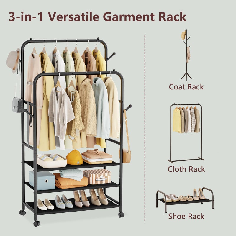 Furologee Clothes Racks for Hanging Clothes, Double Rods Clothing Rack with 3-Tier Storage Shelves, Rolling Garment Wardrobe with Wheels, Portable Free Standing Closet for Bedroom, Laundry Room, Black - Image 2