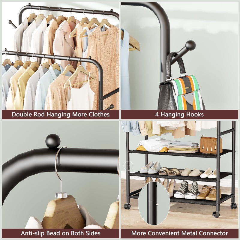 Furologee Clothes Racks for Hanging Clothes, Double Rods Clothing Rack with 3-Tier Storage Shelves, Rolling Garment Wardrobe with Wheels, Portable Free Standing Closet for Bedroom, Laundry Room, Black - Image 4
