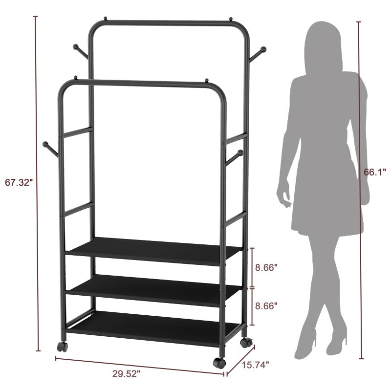 Furologee Clothes Racks for Hanging Clothes, Double Rods Clothing Rack with 3-Tier Storage Shelves, Rolling Garment Wardrobe with Wheels, Portable Free Standing Closet for Bedroom, Laundry Room, Black - Image 3