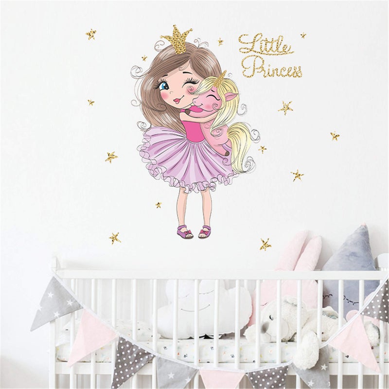 ROFARSO Colorful Cute Lovely Little Princess Hugging Baby Unicorn Wall Stickers for Kids Peel and Stick Removable Wall Decals DIY Decorations Decor for Nursery Baby Girls Bedroom Playroom Living Room