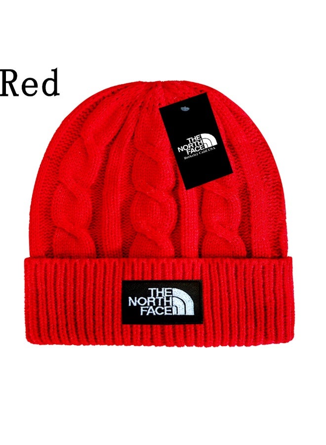The North Face Red Cable-Knit Beanie - Bold Warm Winter Hat with Iconic Logo Patch 596Size