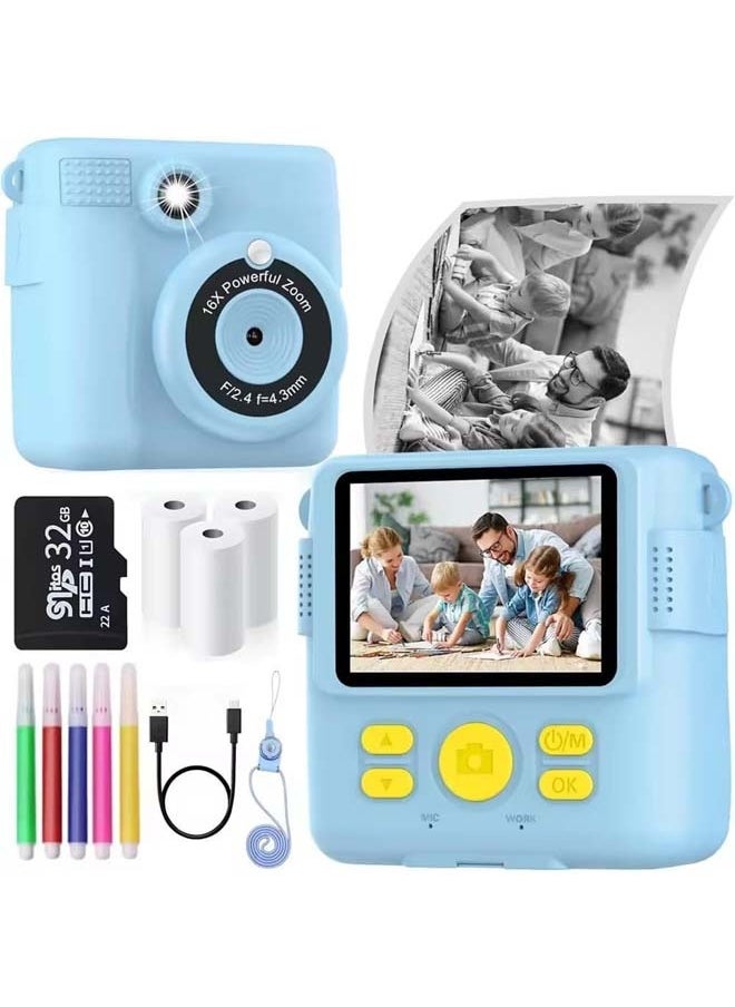 L&E Instant Print Camera for Kids, Mini Thermal Printing Camera, No Ink Required, HD Digital Video 1080P HD Cameras for Toddler, 32G TF Card, 3 Print Paper, Gift for Boys Girls (Blue)  - Image 1