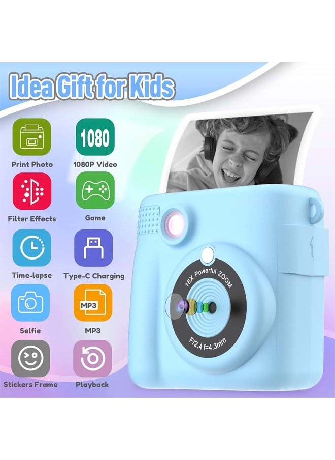 L&E Instant Print Camera for Kids, Mini Thermal Printing Camera, No Ink Required, HD Digital Video 1080P HD Cameras for Toddler, 32G TF Card, 3 Print Paper, Gift for Boys Girls (Blue)  - Image 2