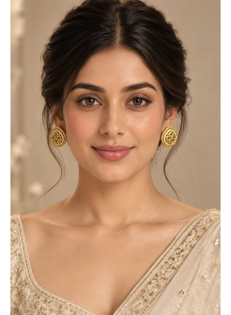 Lehar Green Stone Pearl Bead Teardrop Studs - Gold Tone Indian Traditional