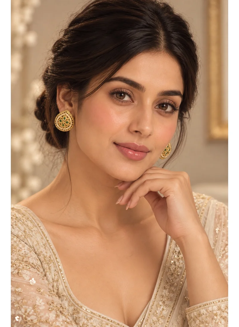 Lehar Green Stone Pearl Bead Teardrop Studs - Gold Tone Indian Traditional