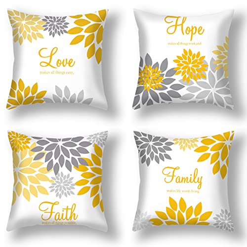 Tatuo 4 Pcs Flower Pillow Covers Square Summer Pillow Cushion Cases 18 x 18 Inch Family Faith Hope Love Words Decorative Spring Winter Cushion Case for Bed Couch Sofa Living RoomYellow Silver Series - Image 1