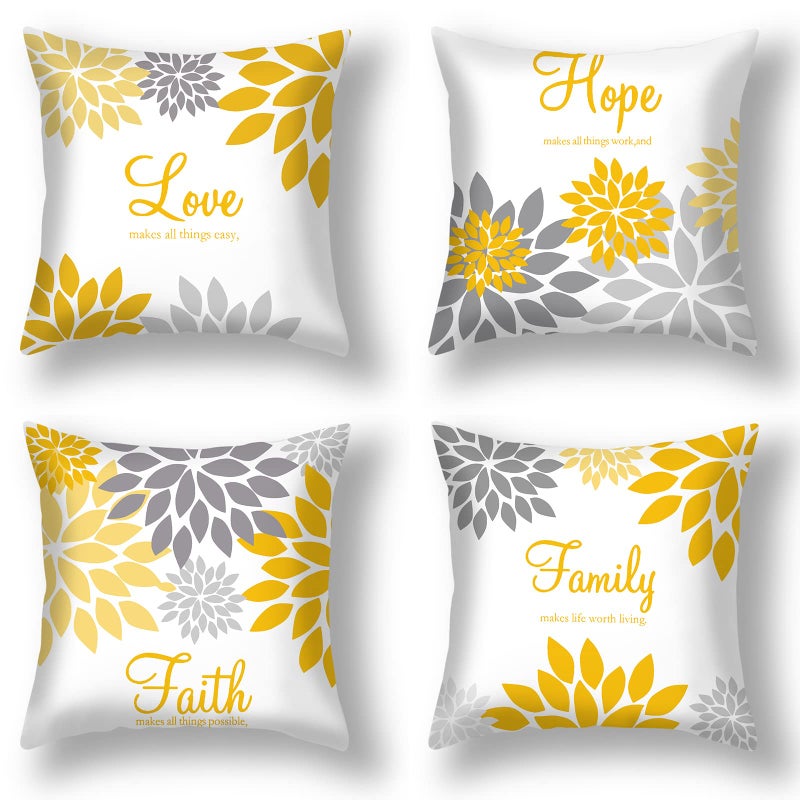 Tatuo 4 Pcs Flower Pillow Covers Square Summer Pillow Cushion Cases 18 x 18 Inch Family Faith Hope Love Words Decorative Spring Winter Cushion Case for Bed Couch Sofa Living RoomYellow Silver Series - Image 2