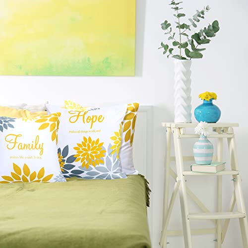 Tatuo 4 Pcs Flower Pillow Covers Square Summer Pillow Cushion Cases 18 x 18 Inch Family Faith Hope Love Words Decorative Spring Winter Cushion Case for Bed Couch Sofa Living RoomYellow Silver Series - Image 3